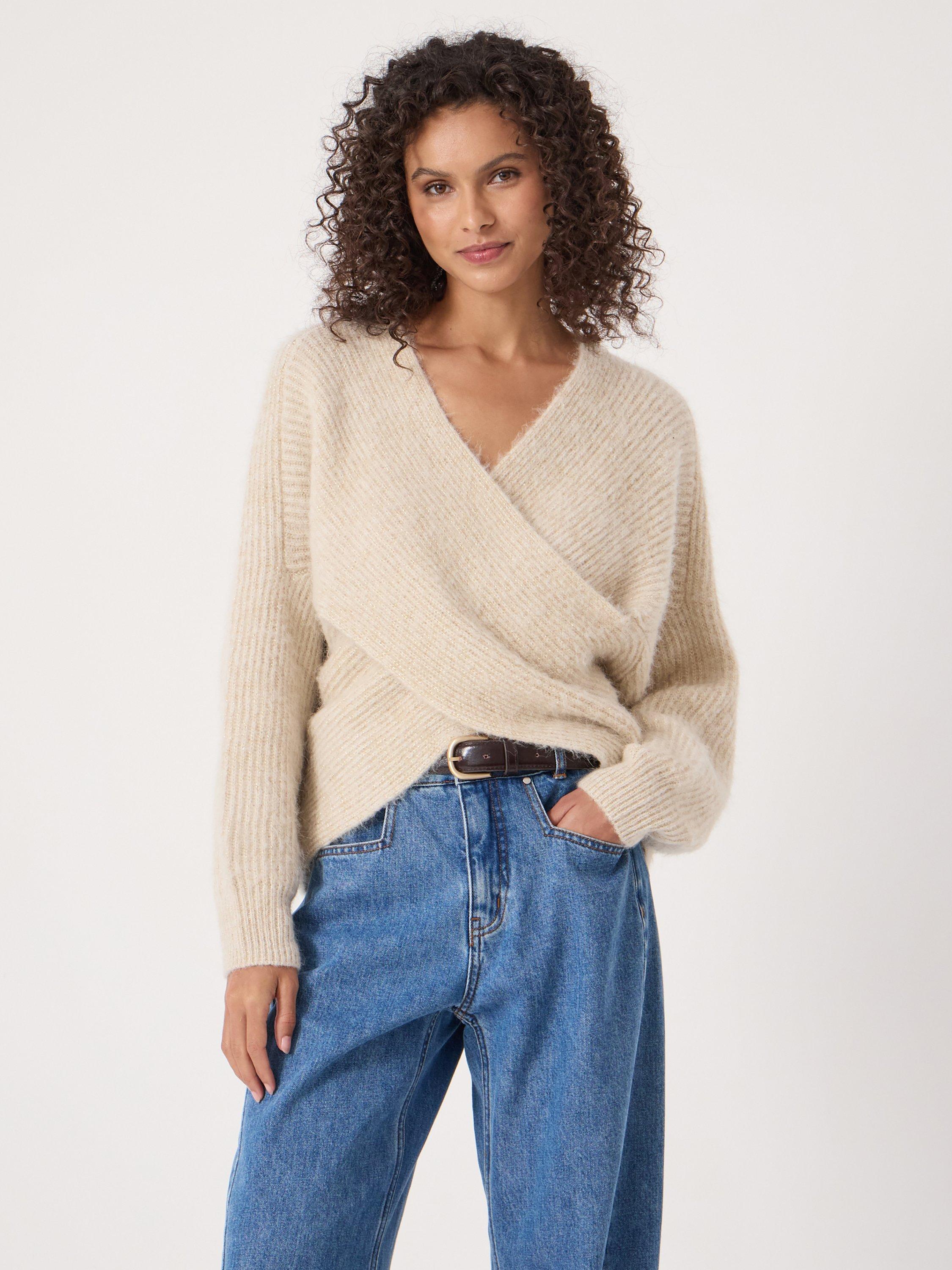Product image 1 of 6, which shows HUSH Betty Wool Rich Wrap Jumper, Ercu Metallic, XS-S