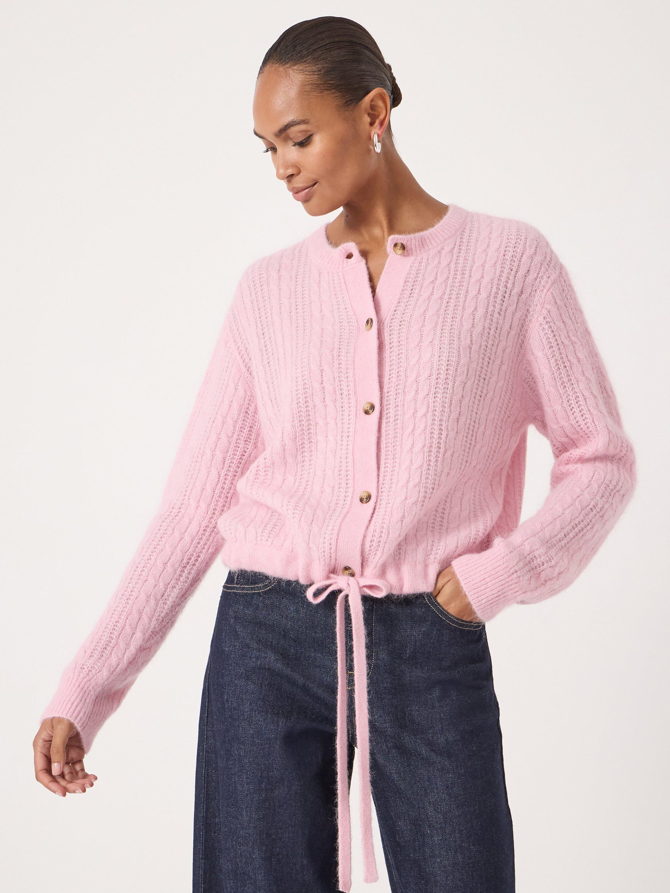 Product image 1 of 6, which shows HUSH Cable Knit Drawstring Wool Rich Cardigan, Strawberry Pink, L-XL