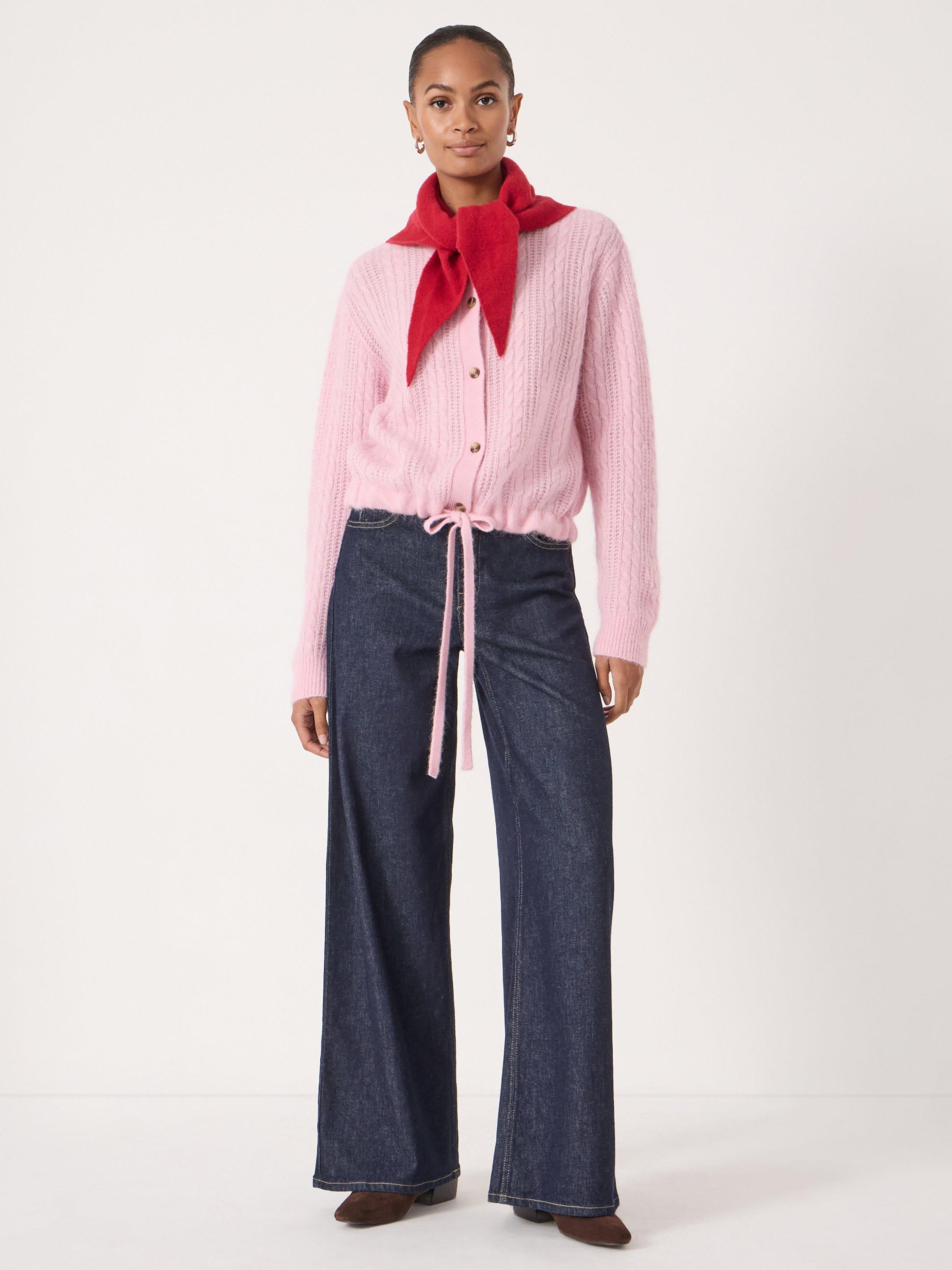 Product image 2 of 6, which shows HUSH Cable Knit Drawstring Wool Rich Cardigan, Strawberry Pink, L-XL