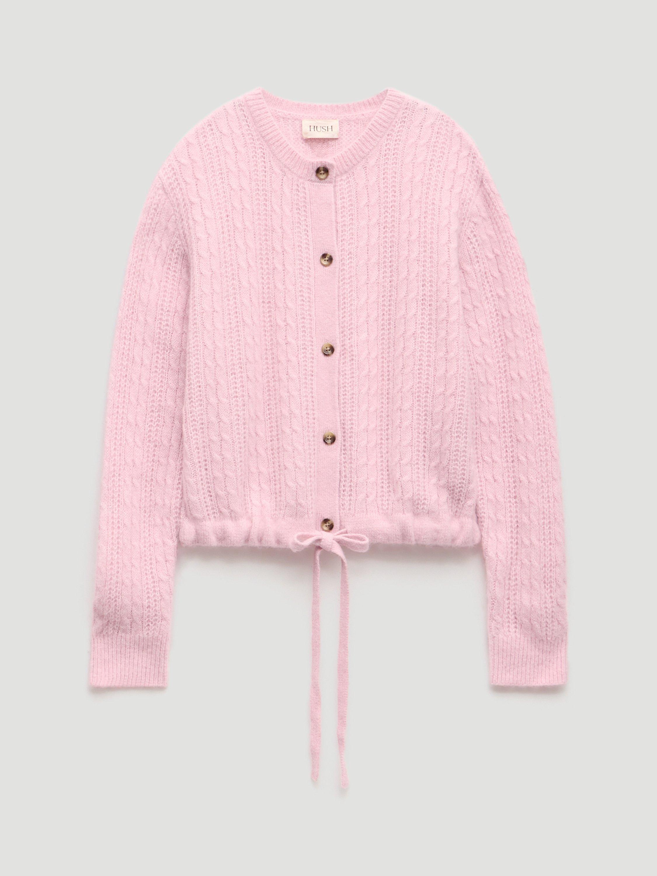 Product image 4 of 6, which shows HUSH Cable Knit Drawstring Wool Rich Cardigan, Strawberry Pink, L-XL