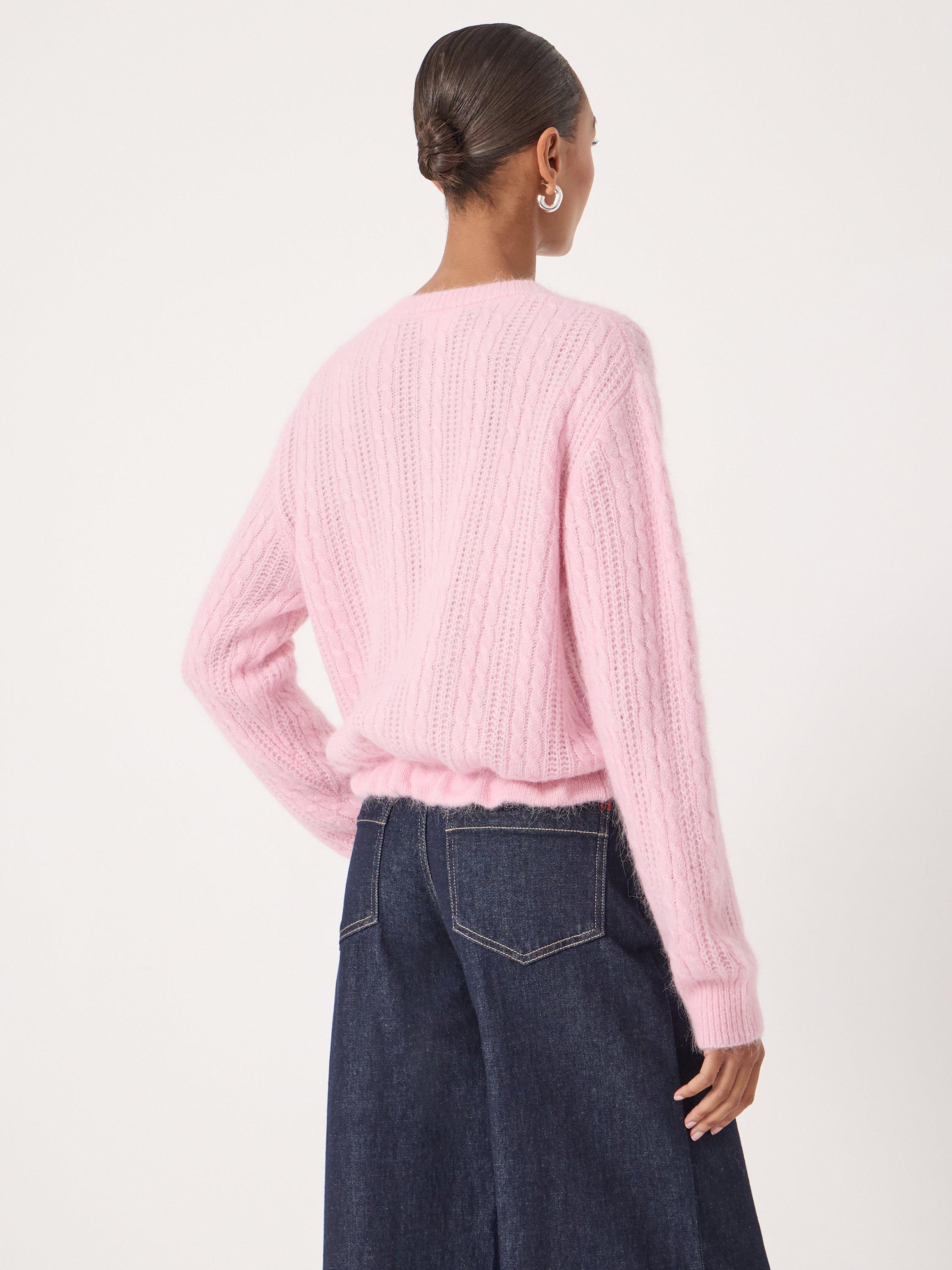 Product image 5 of 6, which shows HUSH Cable Knit Drawstring Wool Rich Cardigan, Strawberry Pink, L-XL