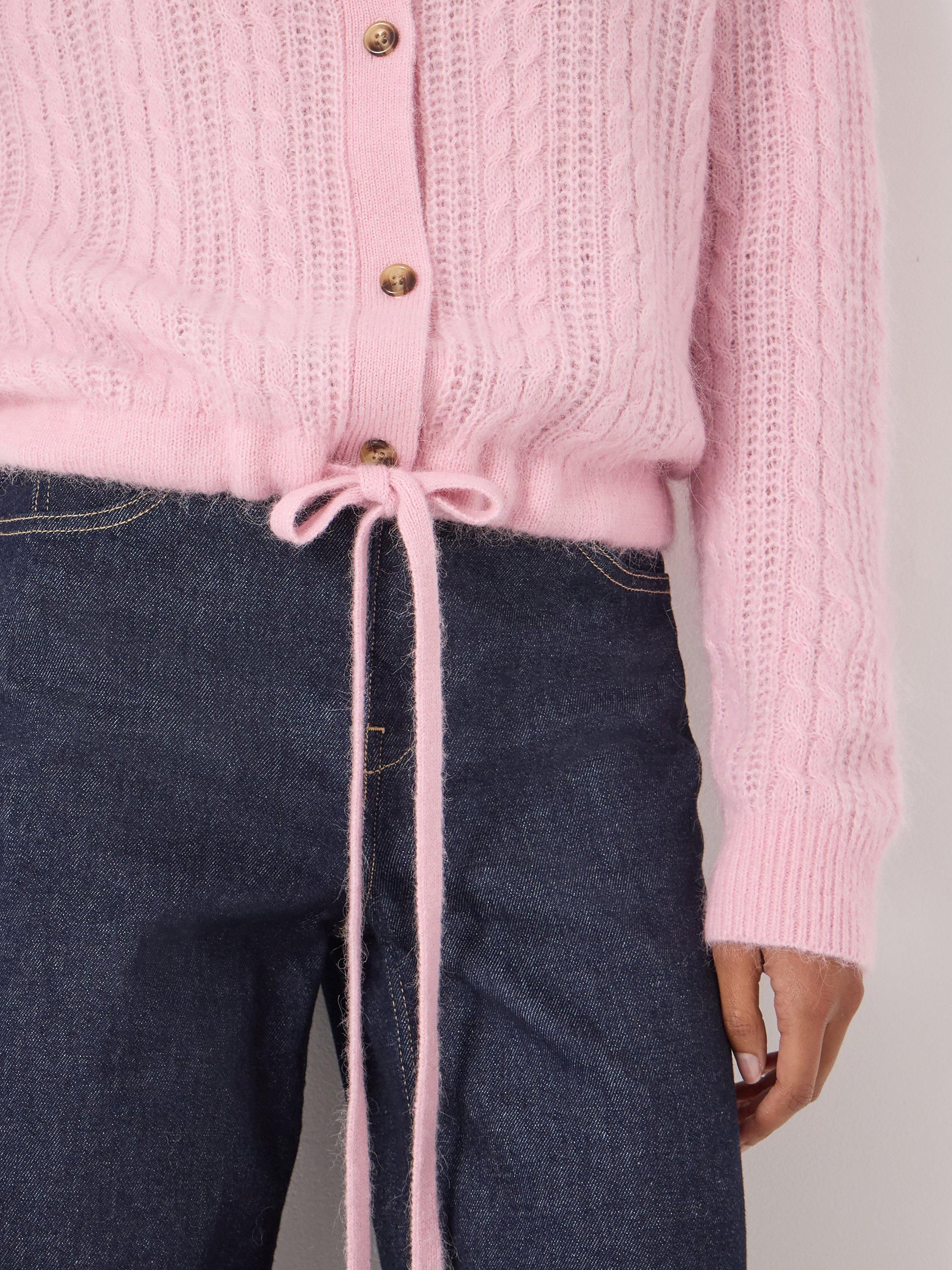 Product image 6 of 6, which shows HUSH Cable Knit Drawstring Wool Rich Cardigan, Strawberry Pink, L-XL