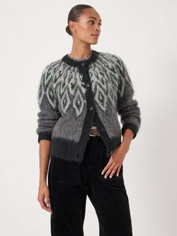 HUSH Crew Neck Fair Isle Cardigan, Charcoal Marl, Charcoal Marl