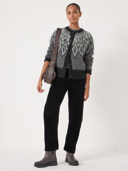 HUSH Crew Neck Fair Isle Cardigan, Charcoal Marl - view 2, Charcoal Marl
