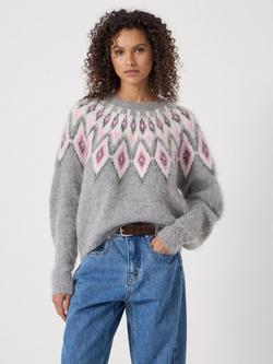 HUSH Crew Neck Fair Isle Jumper, Light Grey Marl, Light Grey Marl