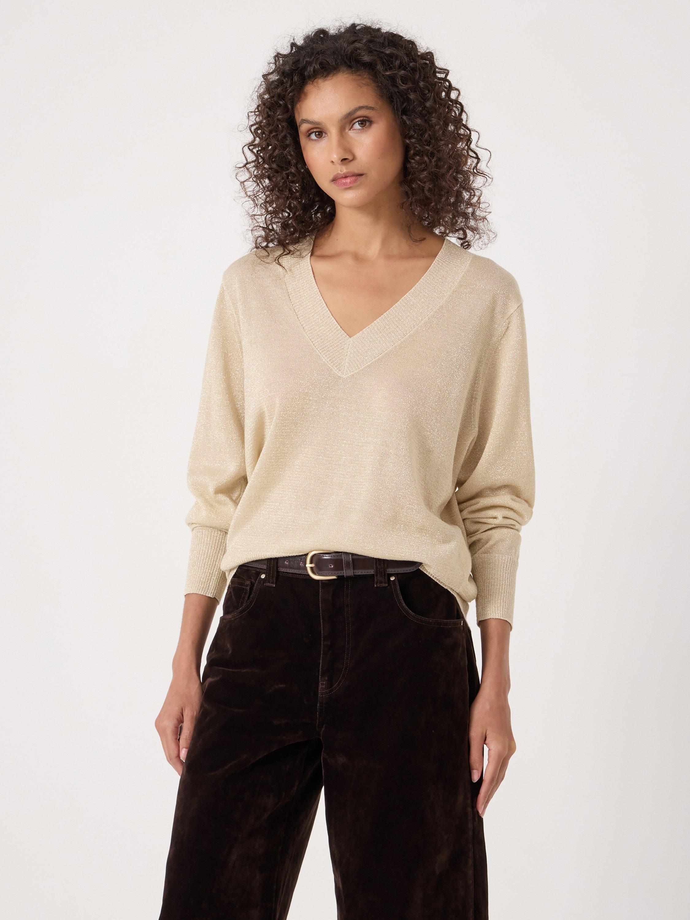 Product image 1 of 4, which shows HUSH Gracey V-Neck Jumper, Gold, XS-S