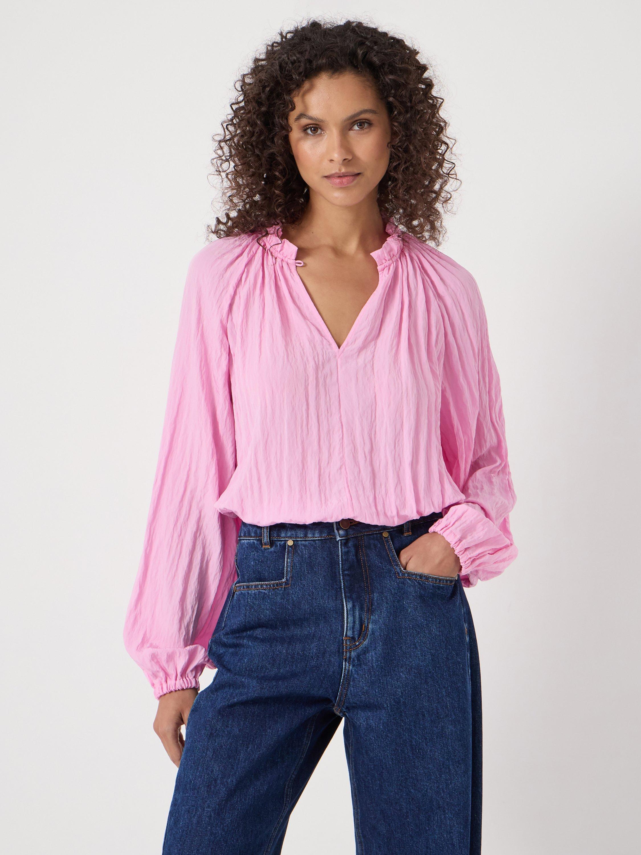 Product image 1 of 5, which shows HUSH Ruffle Long Sleeve Top, Candy Pink, XXS