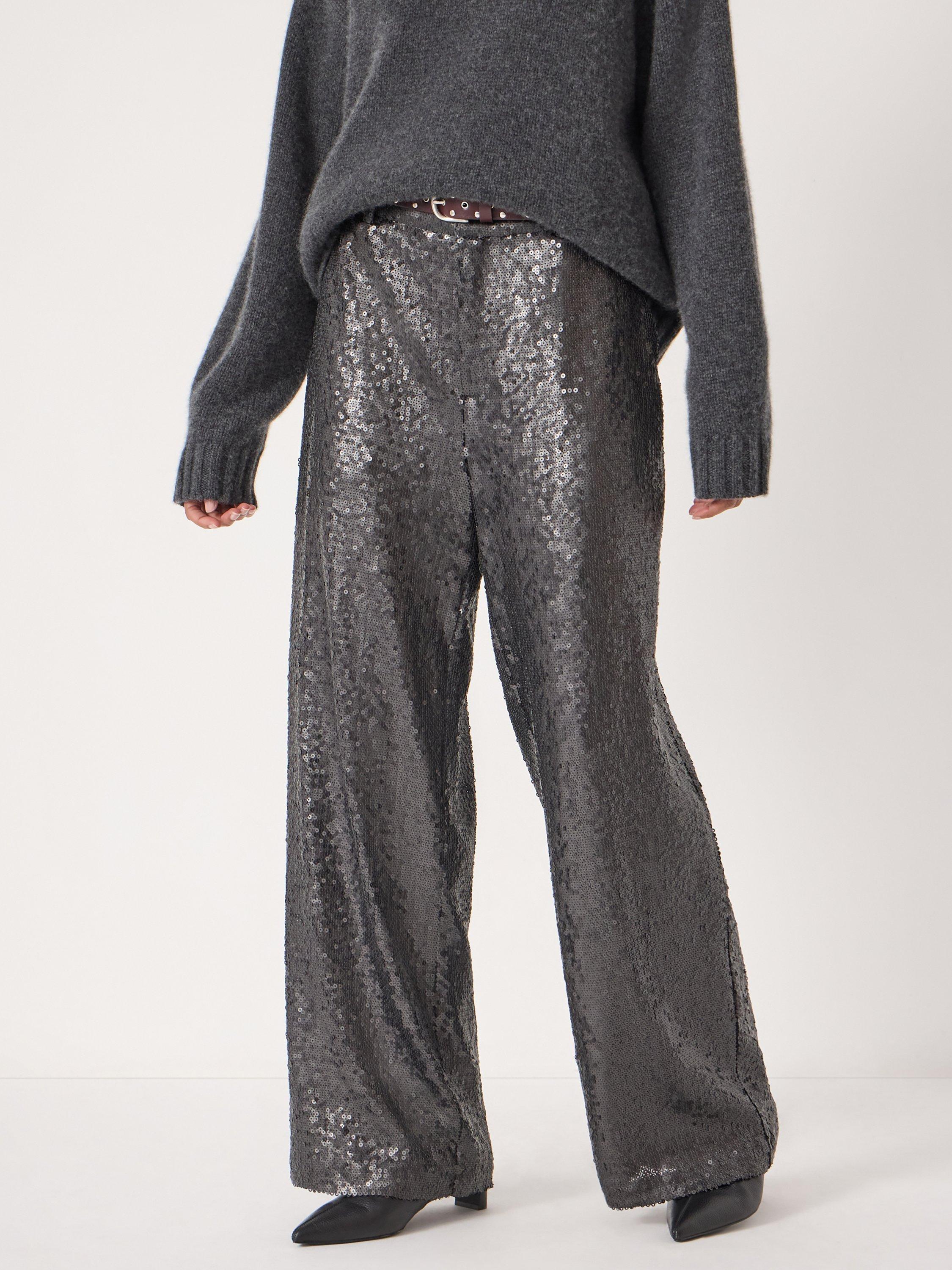 Product image 1 of 6, which shows HUSH Sequin Wide Leg Trousers, Charcoal Grey, 10
