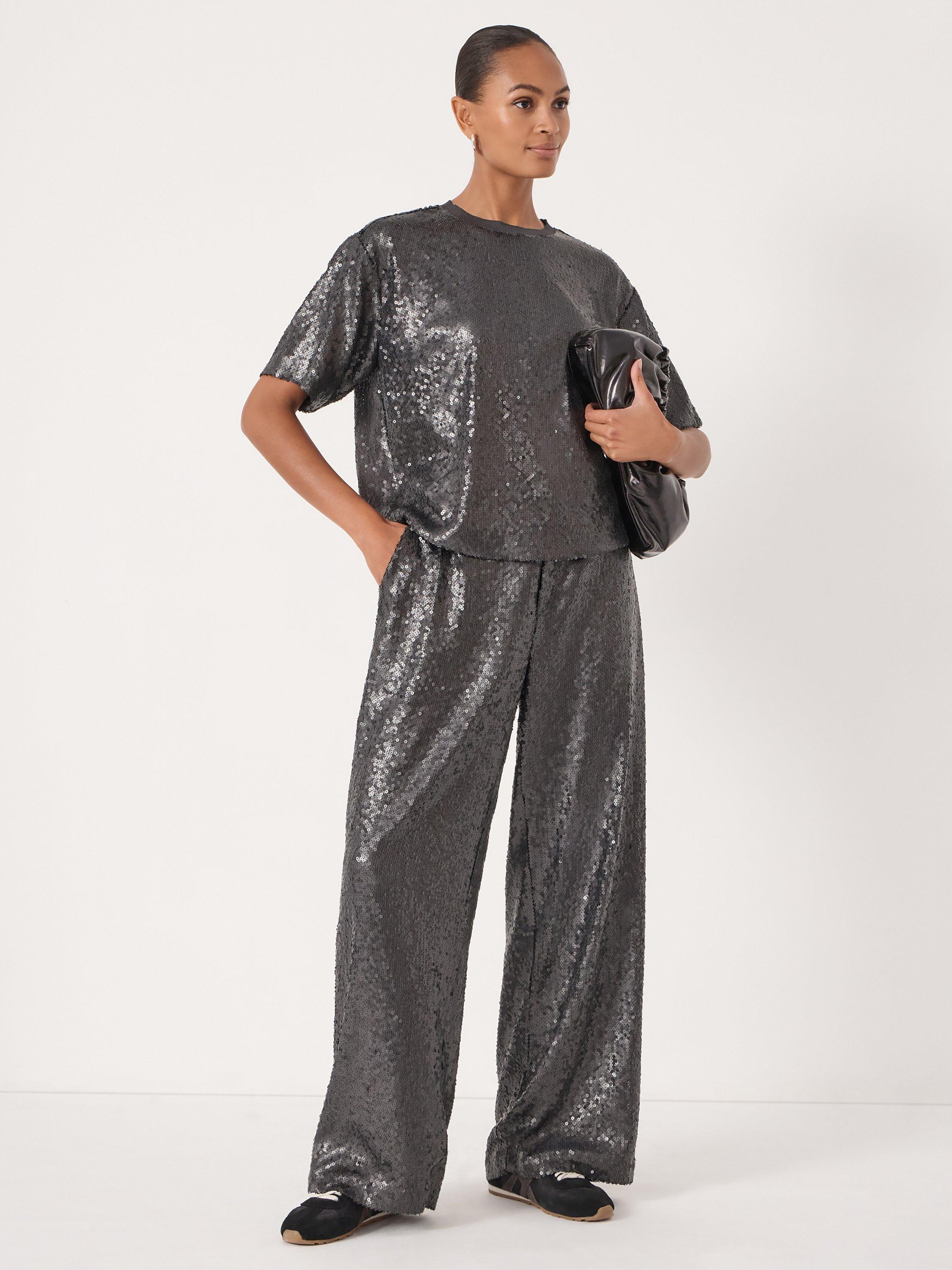 Product image 5 of 6, which shows HUSH Sequin Wide Leg Trousers, Charcoal Grey, 10
