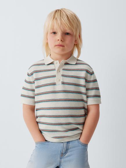 John Lewis Kids' Stripe Knit Polo Shirt, Navy Sea Print, Navy Sea Print