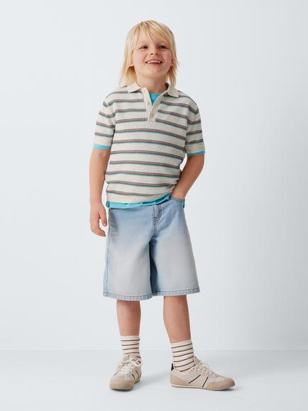 John Lewis Kids' Stripe Knit Polo Shirt, Navy Sea Print - view 2, Navy Sea Print