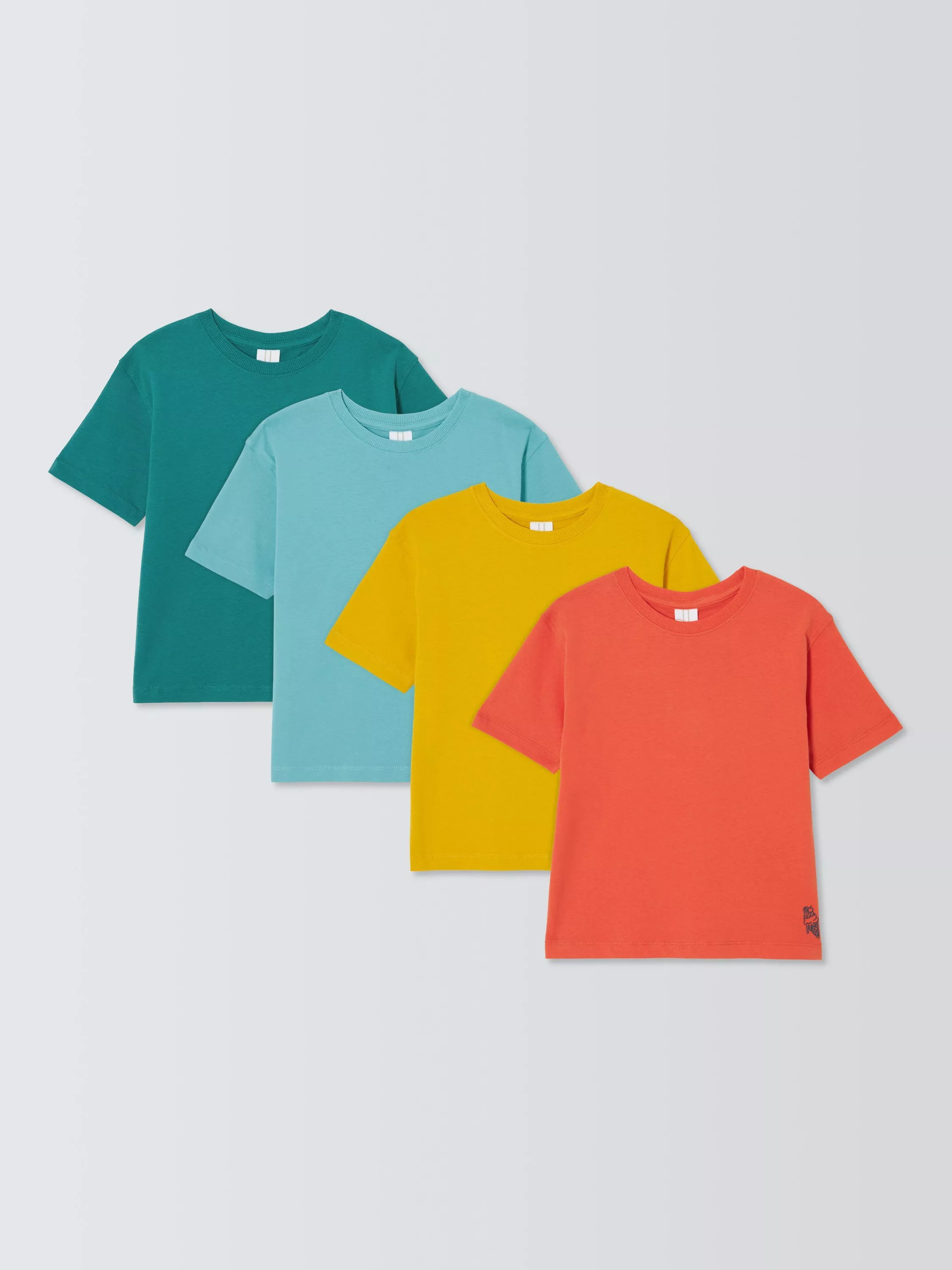 Four plain cotton kids’ T-shirts in teal, light blue, yellow and coral, layered on a clean grey background