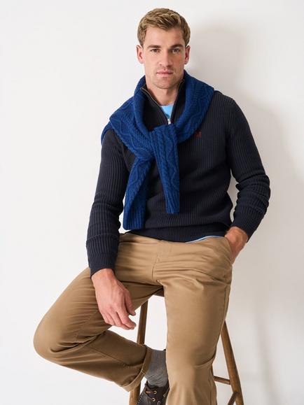 Crew Clothing Quarter Zip Cotton Rib Knit Jumper, Navy
