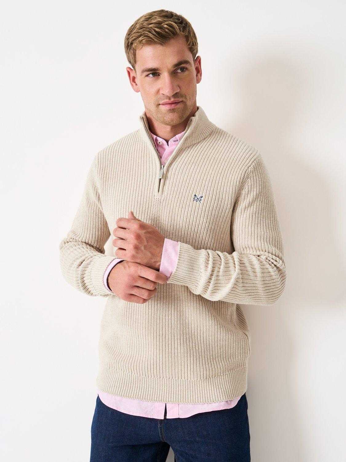Crew Clothing Quarter Zip Cotton Rib Knit Jumper, Oatmeal