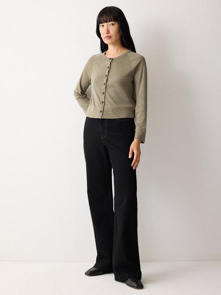 Jigsaw Cotton Luxe Crew Neck Cardigan, Light Khaki