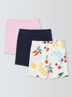 John Lewis Kids' Plain/Check Fruit Jersey Shorts, Pack of 3, Multi, Pink & Navy, Multi, Pink & Navy