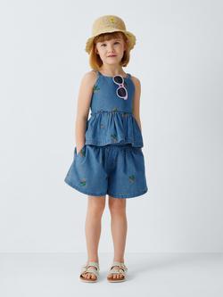 John Lewis Kids' Embroidered Tomato Denim Shorts, Blue, Red - view 2, Blue, Red