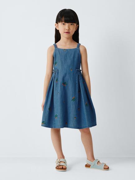 John Lewis Kids' Embroidered Tomatoes Chambray Dress, Blue, Blue