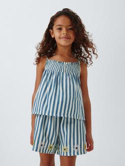 John Lewis Kids' Embroidered Floral Stripe Playsuit, Blue, White, Blue, White