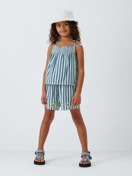 John Lewis Kids' Embroidered Floral Stripe Playsuit, Blue, White - view 2, Blue, White