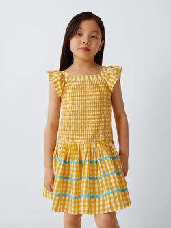 John Lewis Kids' Gingham Shirred Dress, Yellow, White, Yellow, White