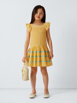 John Lewis Kids' Gingham Shirred Dress, Yellow, White - view 2, Yellow, White
