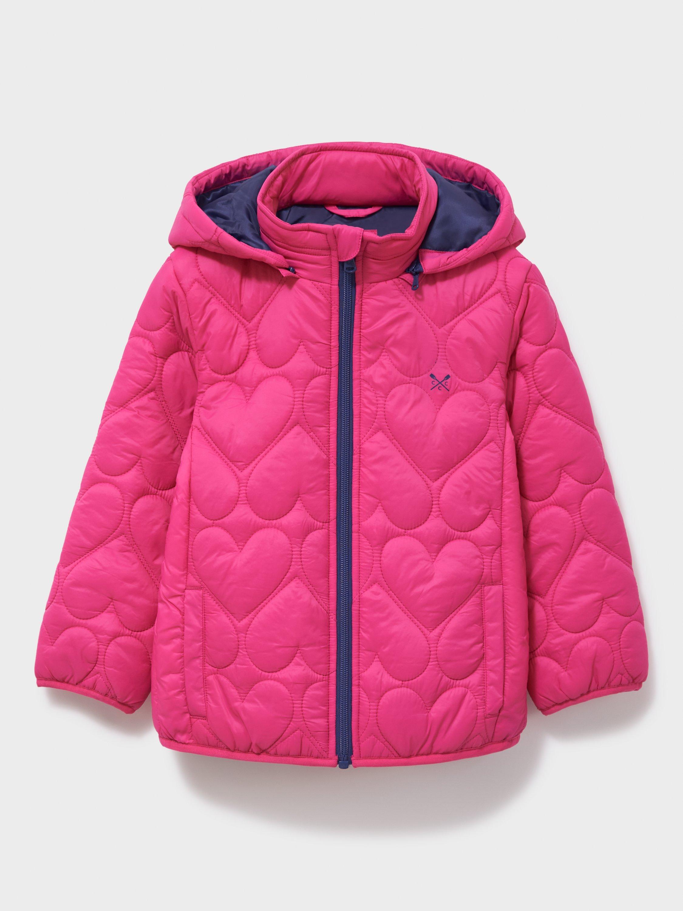 Product image 1 of 3, which shows Crew Clothing Kids' Heart-Quilted Jacket, Fuchsia, 3-4 years