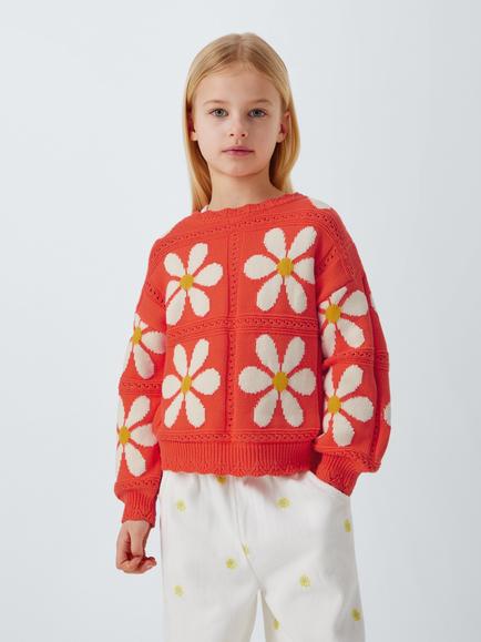 John Lewis Kids' Crew Neck Daisies Jumper, Orange, Orange