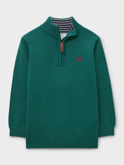 Crew Clothing Kids' Cotton Zip-Neck Jumper, Light Green