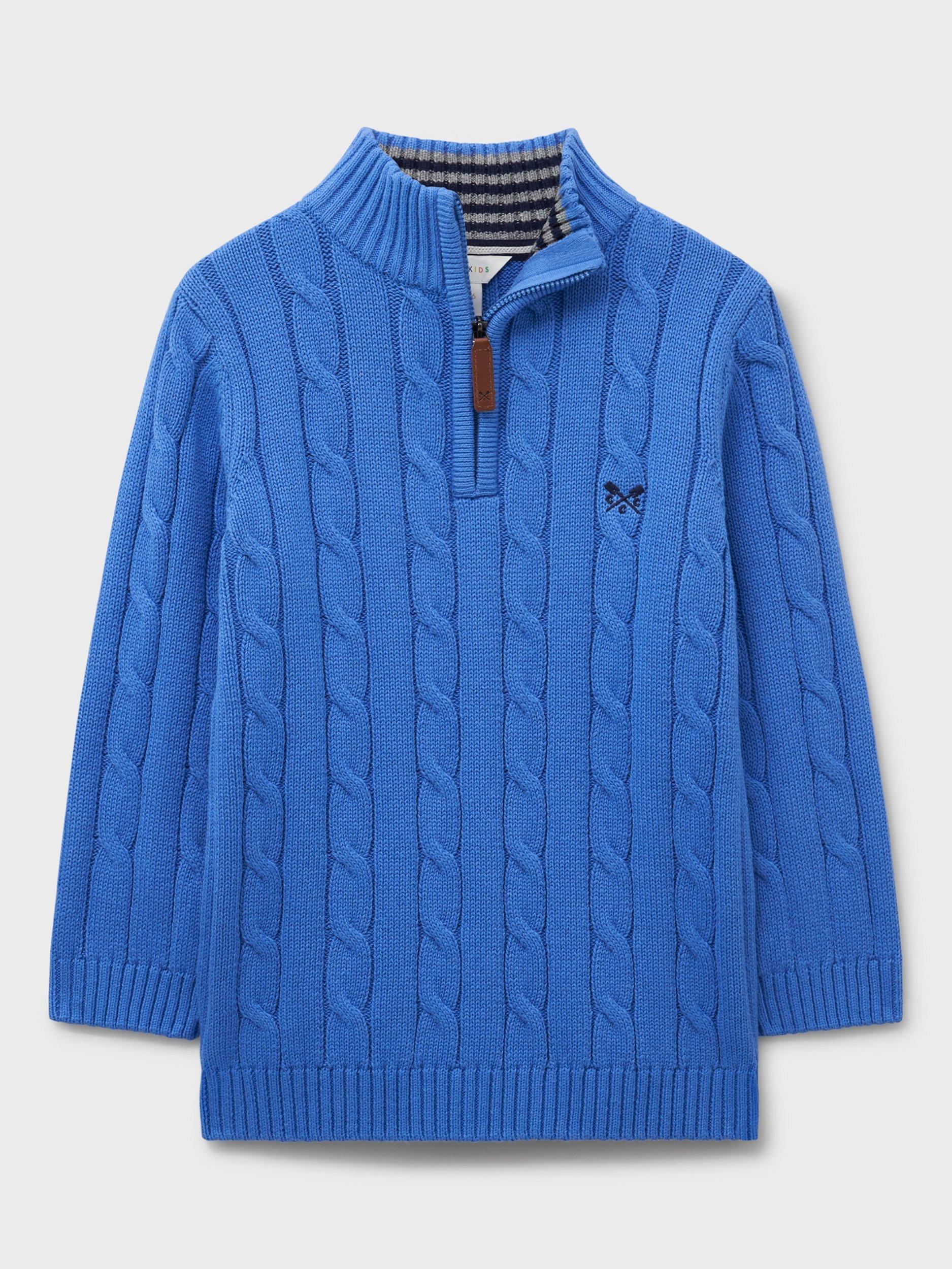 Product image 1 of 3, which shows Crew Clothing Kids' Cotton Cable Zip-Neck Jumper, Mid Blue, 8-9 years