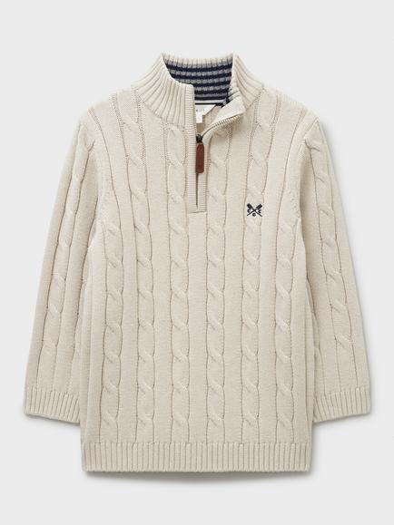 Crew Clothing Kids' Cotton Cable Zip-Neck Jumper, Stone