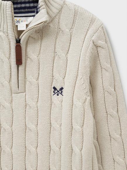 Crew Clothing Kids' Cotton Cable Zip-Neck Jumper - view 2, Stone