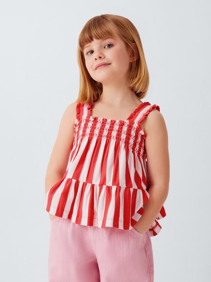 John Lewis Kids' Stripe Shirred Peplum Hem Top, Pink, Red, Pink, Red