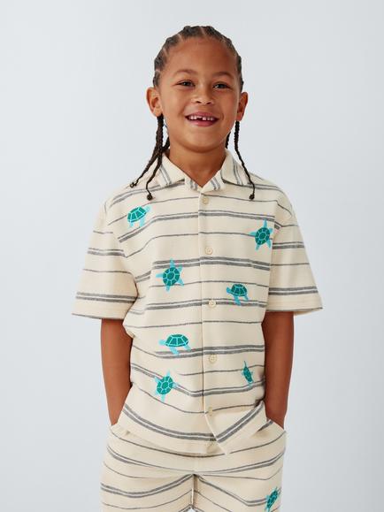 John Lewis Kids' Stripe Turtle Top & Shorts Set, White/Navy, White/Navy