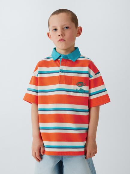 John Lewis Kids' Embroidered Fish Stripe Polo Shirt, Multi, Multi