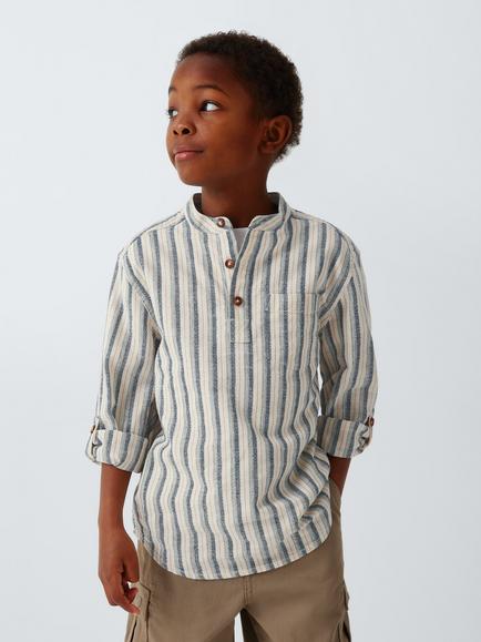 John Lewis Kids' Stripe Linen Rich Shirt, White/Navy, White/Navy