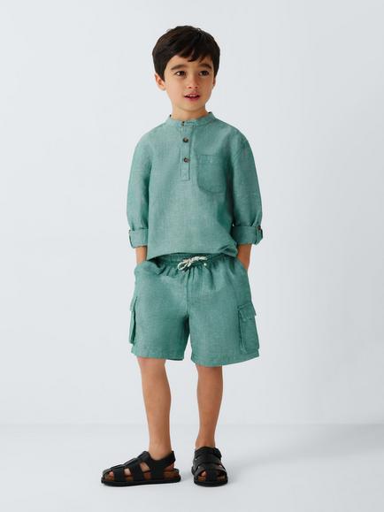 John Lewis Kids' Grandad Collar Linen Blend Shirt, Teal - view 2, Teal