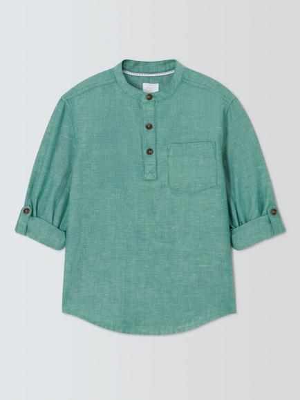 John Lewis Kids' Grandad Collar Linen Blend Shirt, Teal, Teal