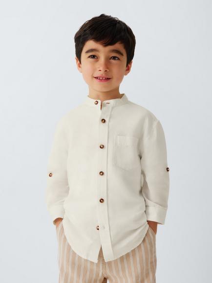 John Lewis Kids' Grandad Collar Linen Blend Shirt, White, White