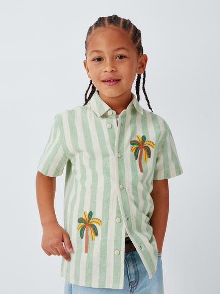 John Lewis Kids' Palm Trees Stripe Shirt, Cream Stripe, White