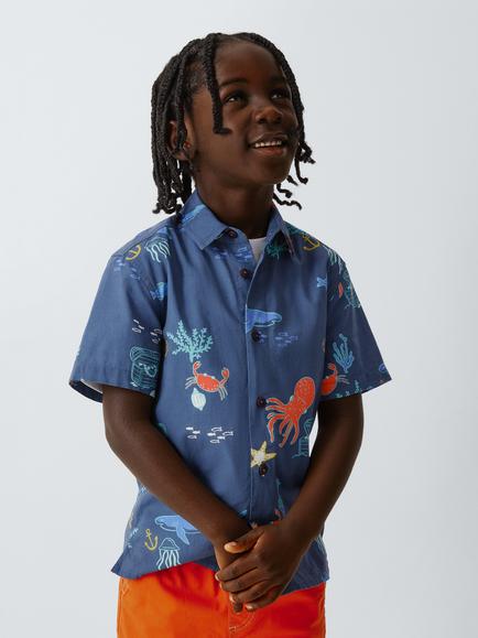 John Lewis Kids' Sea Short Sleeve Shirt, White/Navy, White/Navy