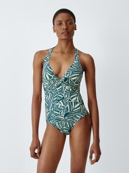 John Lewis Bali Palm Twist Front Medium Control Halterneck Swimsuit, Teal, Teal