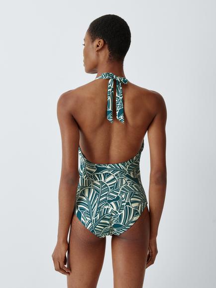 John Lewis Bali Palm Twist Front Medium Control Halterneck Swimsuit, Teal - view 2, Teal
