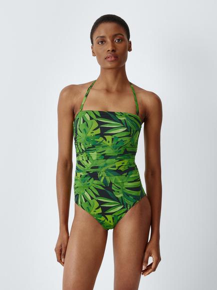 John Lewis Grenada Palm Ruched Medium Control Bandeau Swimsuit, Green Palm, Green Palm