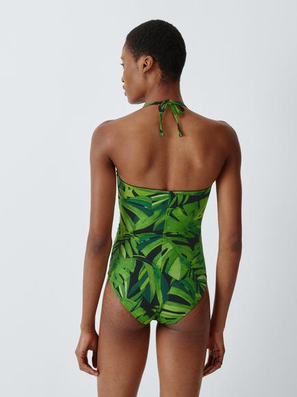 John Lewis Grenada Palm Ruched Medium Control Bandeau Swimsuit, Green Palm - view 2, Green Palm