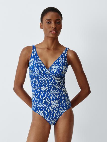 John Lewis Malay Ikat Cross Front Swimsuit, Blue, Blue