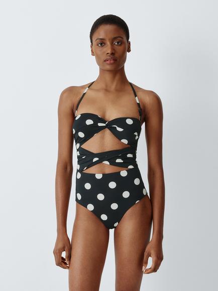 John Lewis Polka Dot Bandeau Twist Front Cut Out Swimsuit, Mono Spot, Mono Spot