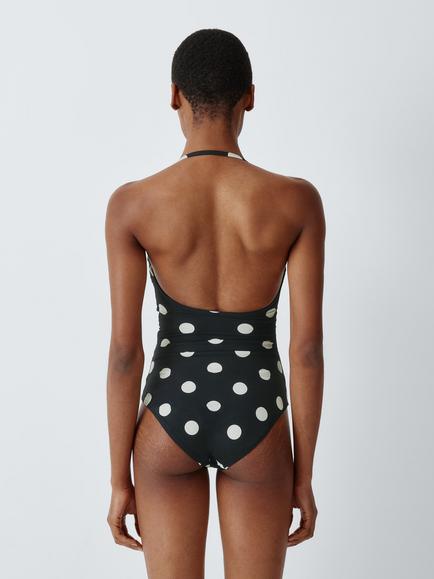 John Lewis Polka Dot Bandeau Twist Front Cut Out Swimsuit, Mono Spot - view 2, Mono Spot