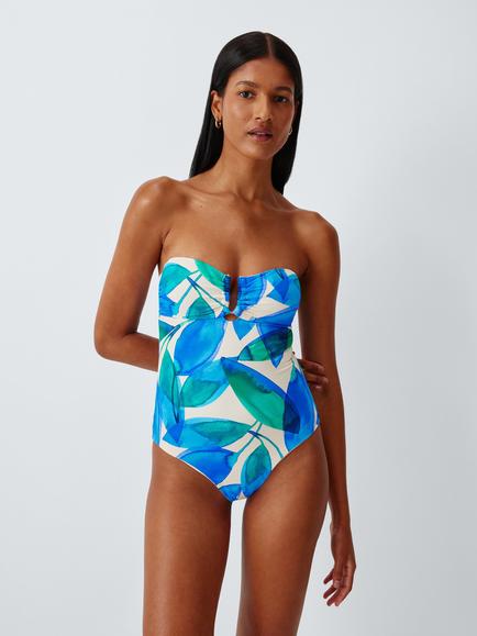 John Lewis Tahiti Leaf Bandeau U-Bar Swimsuit, Ivory/Blue Print, Ivory/Blue Print