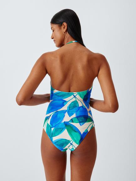 John Lewis Tahiti Leaf Bandeau U-Bar Swimsuit, Ivory/Blue Print - view 2, Ivory/Blue Print